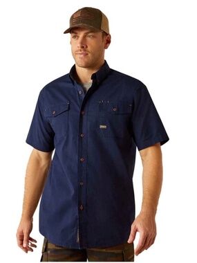Ariat Rebar DuraStretch Work Shirt Size XL Ripstop Short Sleeve Blue